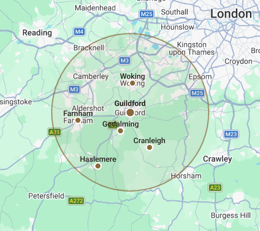 Map of the Surrey area covered by Esher Driveways & Patios, including Esher, Claygate, Thames Ditton, Cobham, Oxshott and Weybridge
